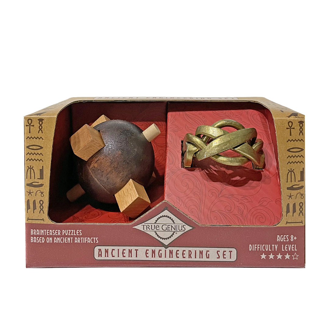 The Ancient Engineer Set by True Genius features two intricate mechanical puzzles inspired by ancient artifacts. One puzzle is a spherical shape with wooden blocks protruding from it, while the other is a twisted metal design. The set is packaged in a decorative box with hieroglyphic patterns, suitable for ages 8 and up, and offers a difficulty rating of four stars.