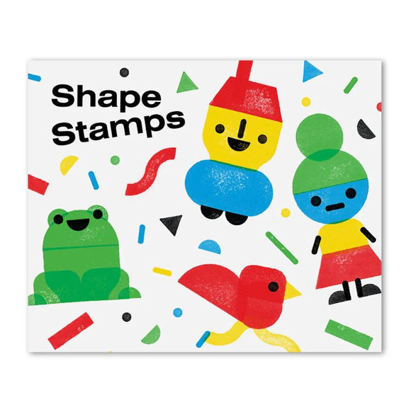 Colorful Shape Stamps set featuring playful shapes like a smiling yellow character with a blue bottom, a green frog, a red bird, and others on a white background with colorful confetti-like elements. Perfect for creative activities and learning.