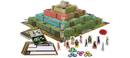 The Ziggurat game by MindWare features a multi-tiered board shaped like a ziggurat, with vibrant blue, green, and red sections. The setup includes character tokens, various cards, and crafting elements, designed for engaging gameplay with strategy and exploration at its core.