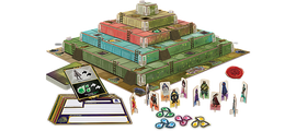 The Ziggurat game by MindWare features a multi-tiered board shaped like a ziggurat, with vibrant blue, green, and red sections. The setup includes character tokens, various cards, and crafting elements, designed for engaging gameplay with strategy and exploration at its core.