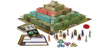 The Ziggurat game by MindWare features a multi-tiered board shaped like a ziggurat, with vibrant blue, green, and red sections. The setup includes character tokens, various cards, and crafting elements, designed for engaging gameplay with strategy and exploration at its core.