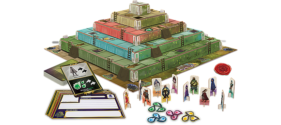 The Ziggurat game by MindWare features a multi-tiered board shaped like a ziggurat, with vibrant blue, green, and red sections. The setup includes character tokens, various cards, and crafting elements, designed for engaging gameplay with strategy and exploration at its core.