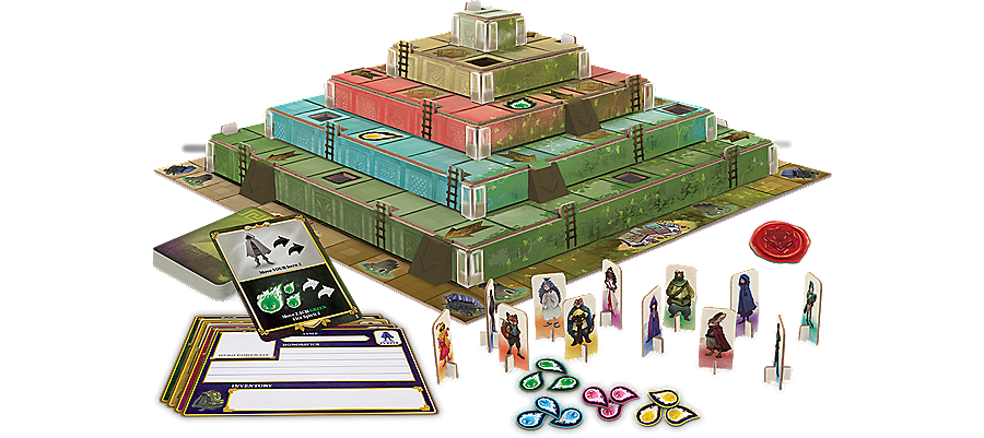 The Ziggurat game by MindWare features a multi-tiered board shaped like a ziggurat, with vibrant blue, green, and red sections. The setup includes character tokens, various cards, and crafting elements, designed for engaging gameplay with strategy and exploration at its core.