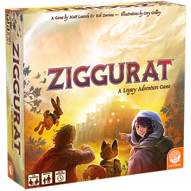 The Ziggurat game box by MindWare, featuring vibrant artwork depicting a fantasy landscape with characters and creatures. The title 'Ziggurat' is prominently displayed along with the tagline 'A Legacy Adventure Game'.