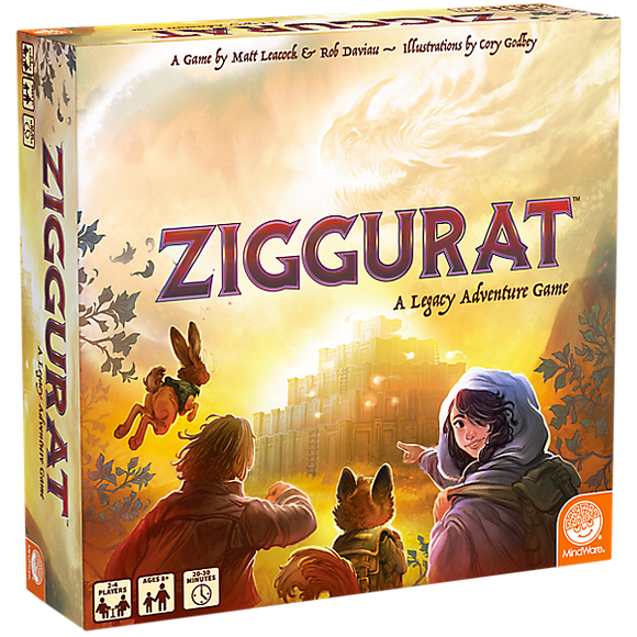 The Ziggurat game box by MindWare, featuring vibrant artwork depicting a fantasy landscape with characters and creatures. The title 'Ziggurat' is prominently displayed along with the tagline 'A Legacy Adventure Game'.