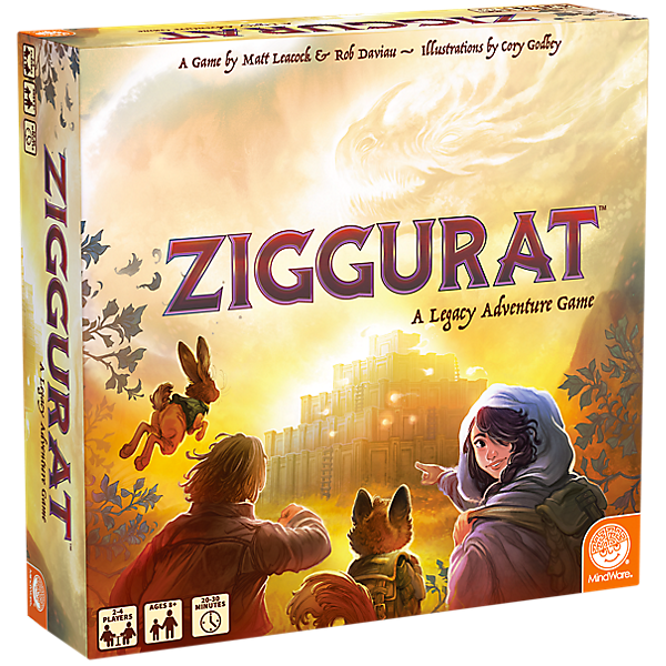 The Ziggurat game box by MindWare, featuring vibrant artwork depicting a fantasy landscape with characters and creatures. The title 'Ziggurat' is prominently displayed along with the tagline 'A Legacy Adventure Game'.