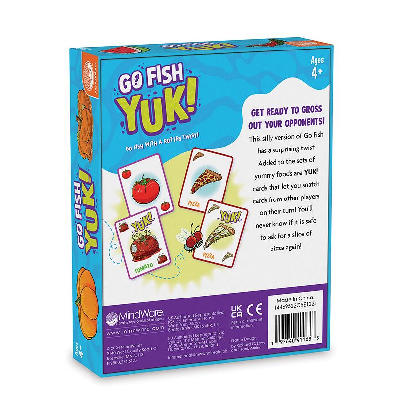 The Go Fish Yuk card game from MindWare features fun and silly illustrations of food-themed cards, including pizza and tomatoes, with a playful 'YUK!' twist. The game box showcases the vibrant artwork and indicates it's suitable for ages 4 and up. Enjoy a unique variation of the classic Go Fish game where players can surprise each other with unexpected card plays.