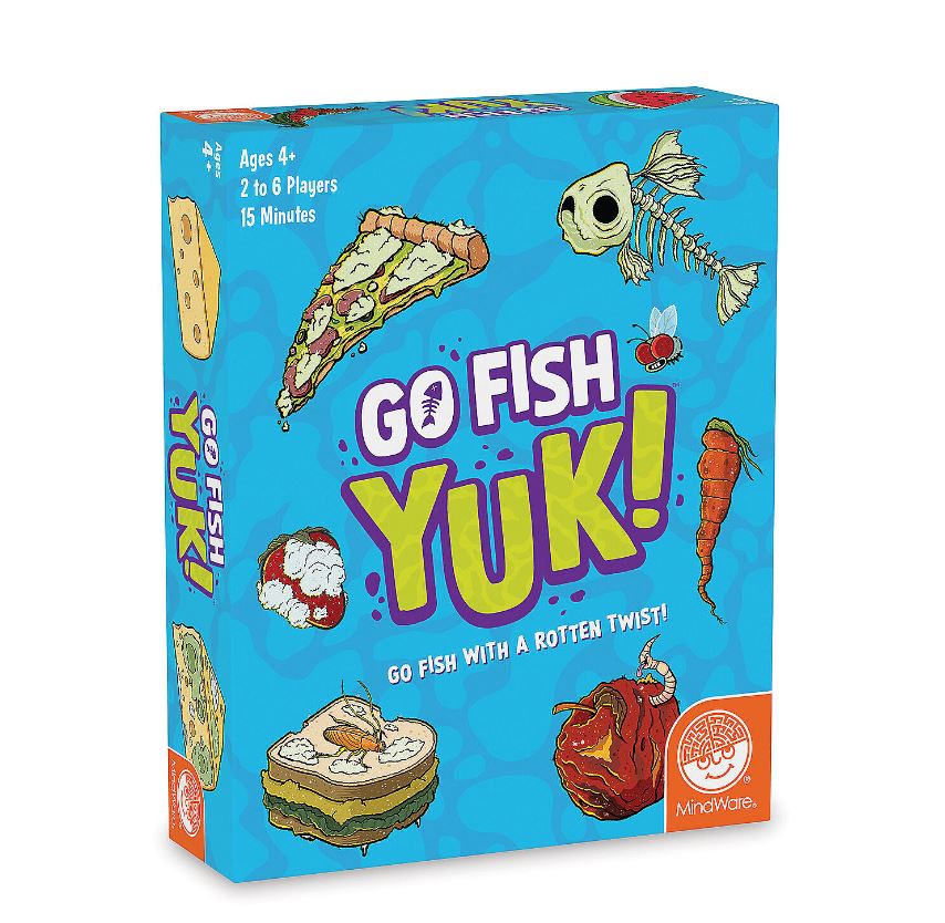 The 'Go Fish Yuk!' game box by MindWare features colorful, playful illustrations of various yucky foods, like moldy pizza, rotten carrots, and a fish skeleton. The design is bright blue with the game's title prominently displayed in bold purple and yellow letters, along with the tagline 'Go Fish with a Rotten Twist!' The box is suitable for ages 4+, for 2 to 6 players, and takes about 15 minutes to play.