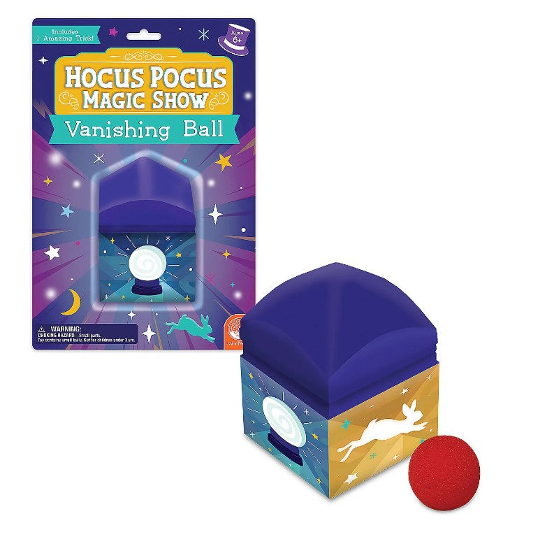 The Hocus Focus: Vanishing Ball by MindWare features a colorful, star-patterned box and a bright red sponge ball. The box is designed to resemble a magician's prop, with an illustration of a swirling magic symbol. Perfect for young magicians aged 6 and up, this game encourages imaginative play and helps develop performance skills.