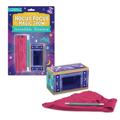 Hocus Pocus: Incredible Illusions game by MindWare featuring a colorful magic show box, a pink cloth, and a magic wand. The packaging showcases whimsical designs with stars and moons, suggesting fun and creativity for kids.