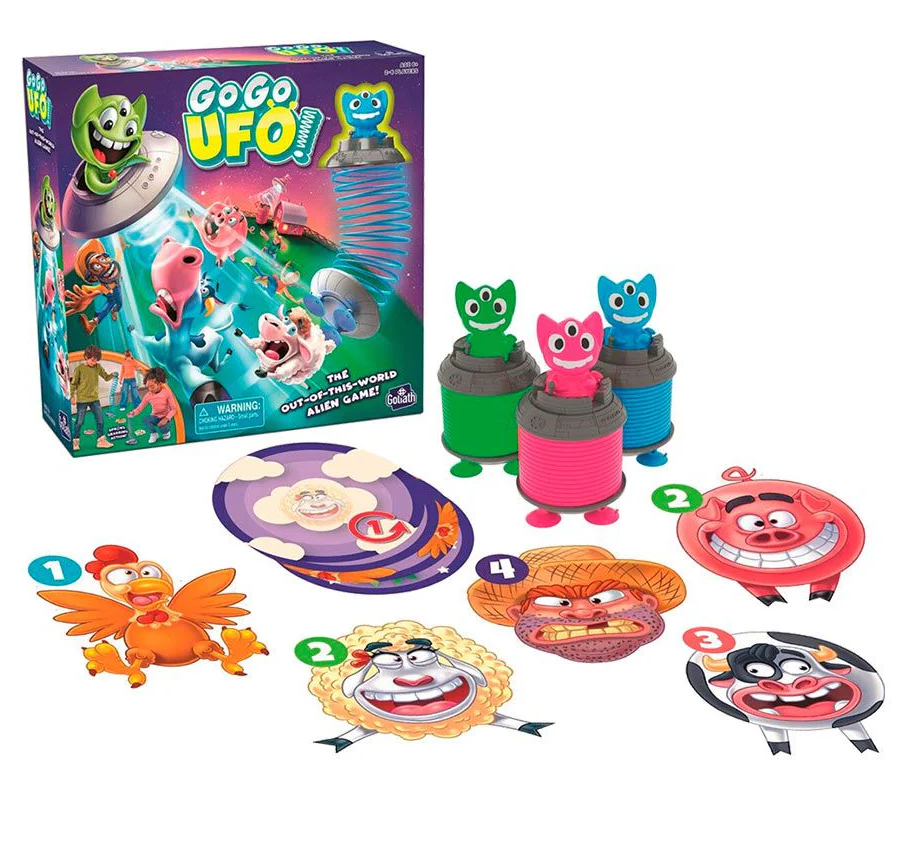 GoGo UFO by Funko is an engaging alien-themed game featuring colorful characters and interactive components. The box displays whimsical designs with characters in a dynamic outer space setting, accompanied by several vibrant game pieces including illustrated cards and figures, perfect for family fun and entertainment.