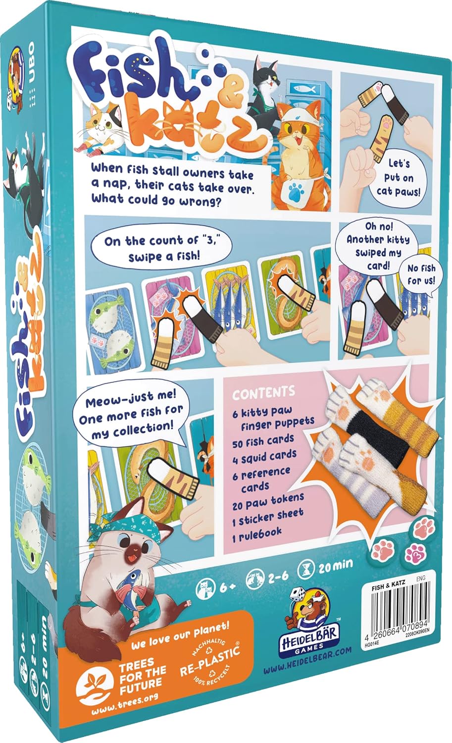 Fish & Katz is a whimsical card game by Czech Games where players use kitty paw finger puppets to swipe fish. The game includes 50 fish cards, squid cards, reference cards, paw tokens, and more. Designed for 2 to 6 players, the game emphasizes quick reflexes and playful interactions, perfect for family fun. The colorful packaging features charming illustrations of cats and fish, showcasing the lighthearted nature of the game.