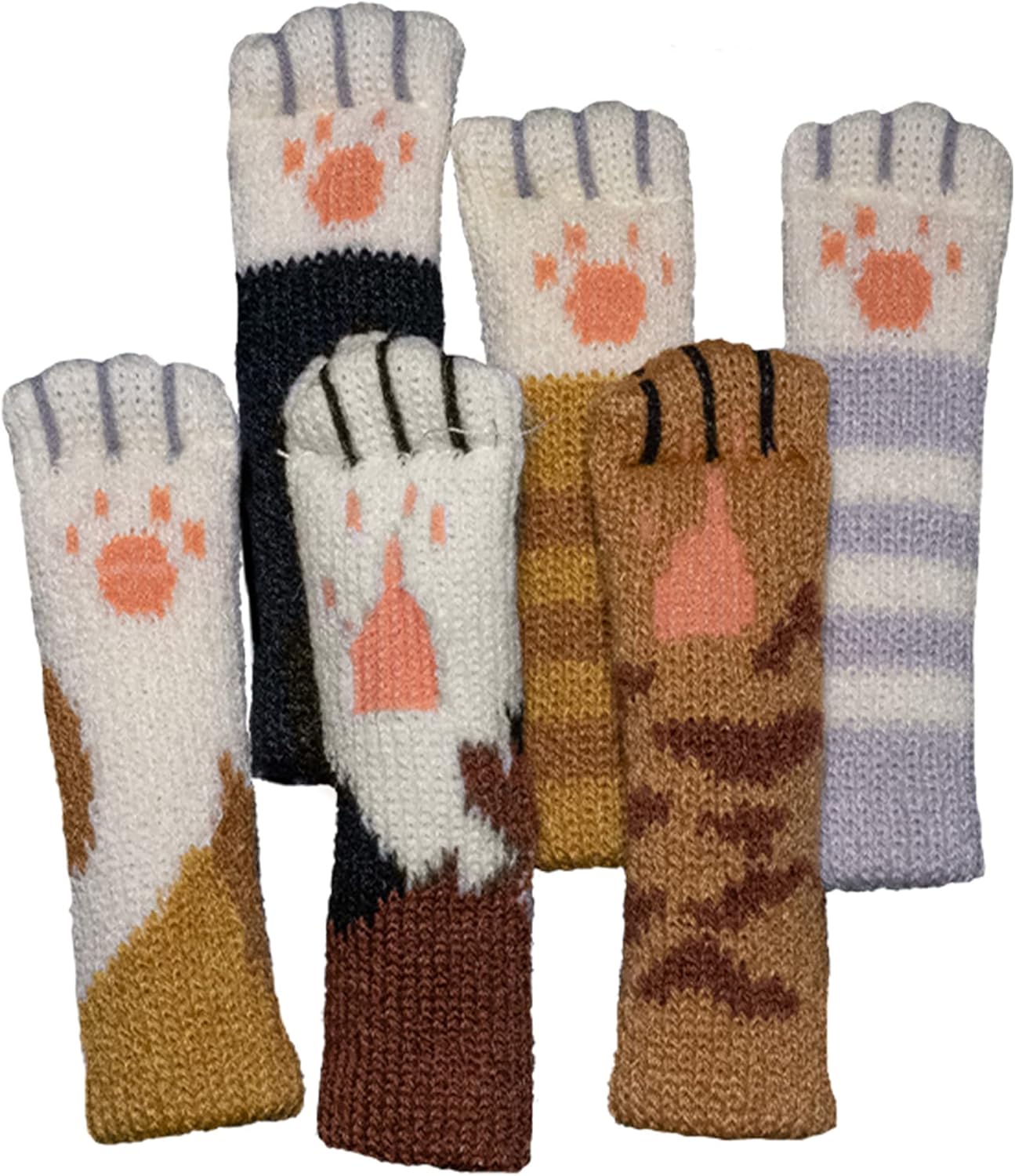 A colorful assortment of knitted gloves resembling cat paws, featuring various patterns and colors including shades of orange, brown, and gray. Each glove is designed with detailed paw prints on the fingertips, enhancing the playful cat theme.