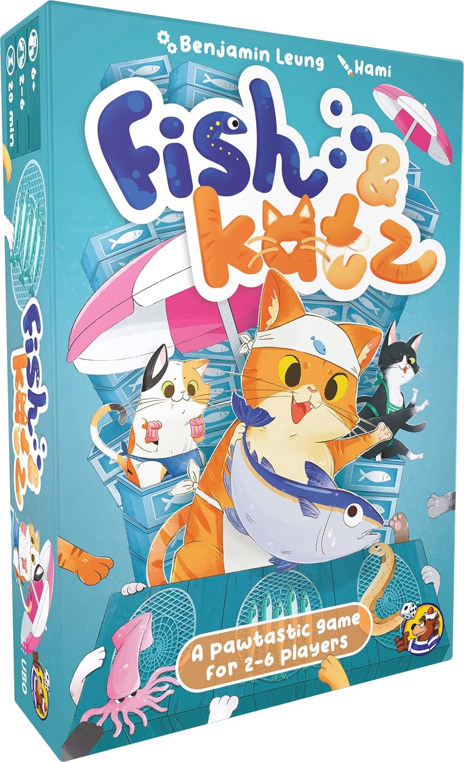 The boxed game 'Fish & Katz' from Czech Games features colorful artwork with cartoon cats, sea creatures, and fishing gear, indicating an engaging gameplay experience for 2-6 players.