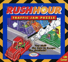 Rush Hour (1996 Edition) by ThinkFun is a mechanical puzzle game featuring colorful cars stuck in a traffic jam. Players must strategically shift the vehicles to free the red car from the gridlock, challenging their problem-solving skills and thinking abilities. The game comes in a vibrant box with an engaging design, perfect for puzzle enthusiasts and family game nights.
