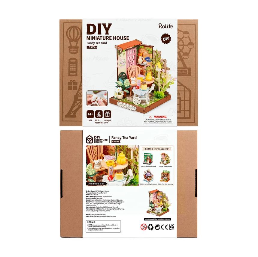 Fancy Tea Yard DIY kit from Robortime featuring a beautifully designed miniature house with intricate tea yard details, including chairs, plants, and decorative items. This DIY project is suitable for ages 14 and up, emphasizing creativity and craftsmanship.