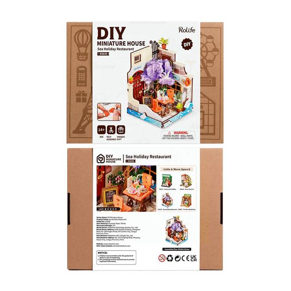 A DIY miniature house kit for the Sea Holiday Restaurant, showcasing detailed interior design elements like a cozy dining area, vibrant flowers, and decorative items. The packaging features instructions and an age recommendation, emphasizing its creative and engaging aspects for builders aged 14 and up.