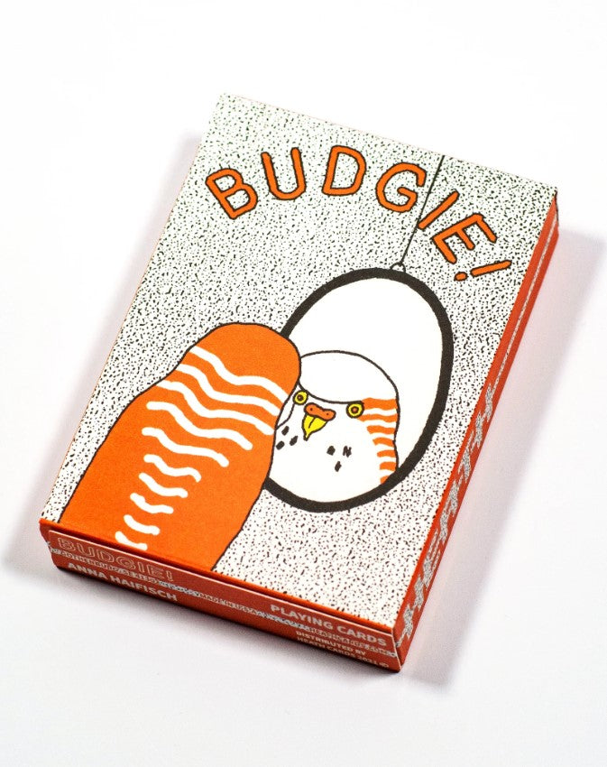 Budgie playing cards featuring a vibrant cover design with a stylized illustration of a budgerigar. The pack includes decorative patterns and a charming bird motif, perfect for card games with friends and family.