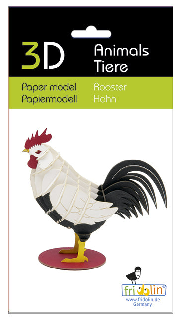 3D Paper Model Rooster DIY Kit by fridolin. This colorful paper model features a stylized rooster design with intricate cutouts and layered elements, perfect for craft enthusiasts looking to create a decorative piece. The kit includes all necessary components for assembly, ensuring a fun and engaging experience.