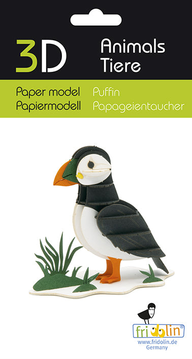 3D Paper Model of a Puffin by fridolin. The model features vibrant colors, including a black and white body with a detailed orange bill and green foliage. Perfect for creative DIY enthusiasts.