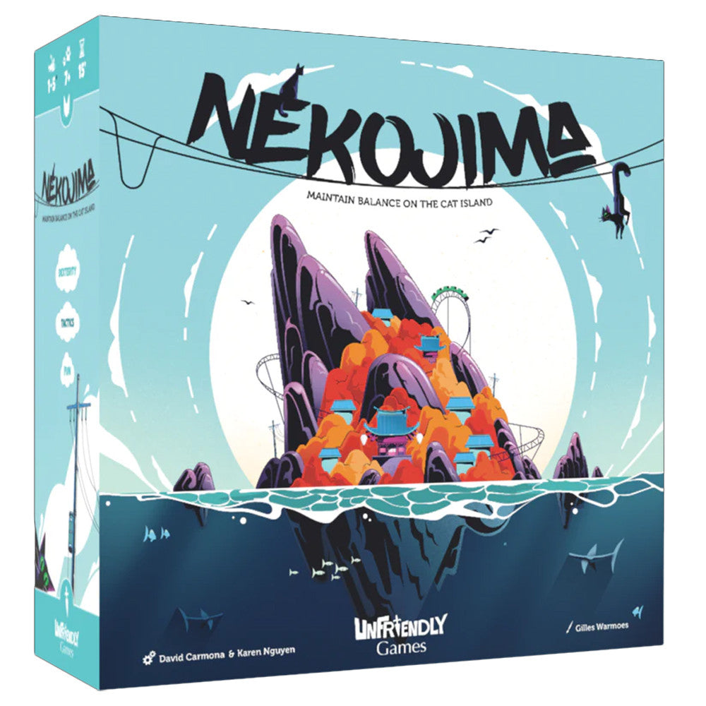 Nekojima game box by Unfriendly Games. The vibrant design shows a cat island with colorful hills, water, and playful elements. Ideal for fun-filled game nights.