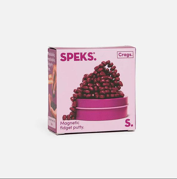 Crags Mini in Matte Iris by SPEKS, featuring magnetic fidget putty displayed in a bright pink container. The putty can be shaped and molded for stress relief and creative play.