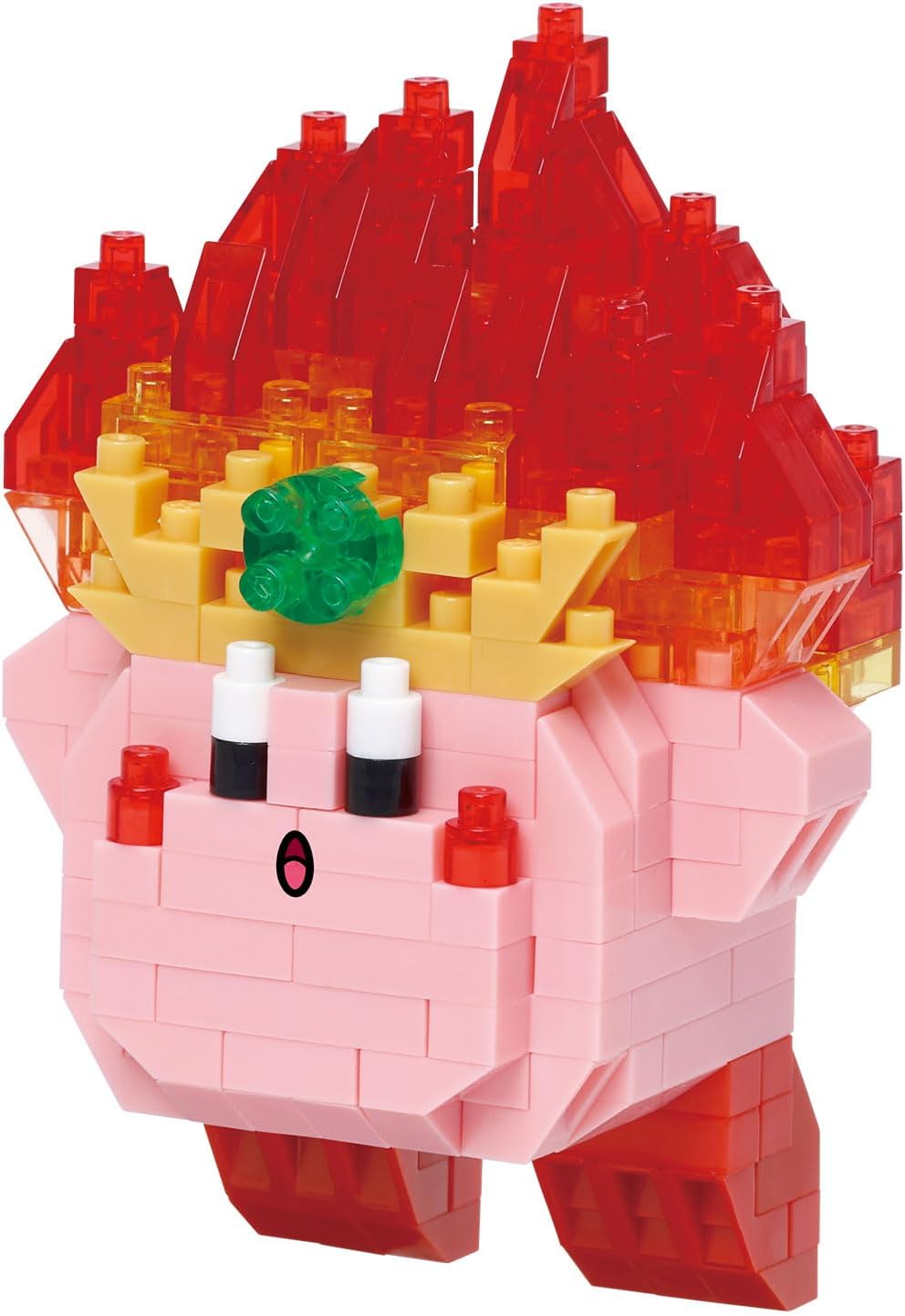 Nanoblock Fire Kirby DIY kit featuring a colorful, blocky representation of Kirby with a fiery red and orange hairstyle. The figure has pink body, expressive eyes, and playful details, making it a fun craft project for fans.