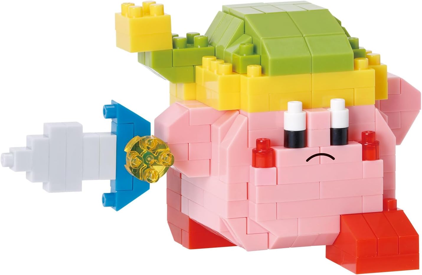 Nanoblock Sword Kirby DIY kit featuring a blocky representation of Kirby with a sword, in vibrant colors including pink, yellow, and green. The kit provides a fun building experience and encourages creativity while assembling the iconic character.