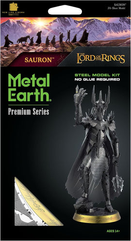 The ICONX: SAURON™ DIY model kit from Fascinations features an intricate steel model of Sauron, the iconic dark lord from 'The Lord of the Rings'. This detailed build showcases Sauron's menacing armor and outstretched hand, perfect for fans and collectors. The kit comes with precision-cut metal sheets and requires no glue for assembly, ideal for ages 14 and up. Display it as a striking tabletop figure or part of your fantasy collection.