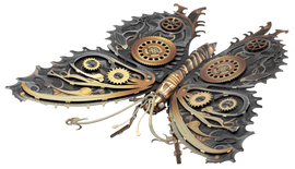 A beautifully crafted Metal Earth Steampunk Butterfly model, featuring intricate designs with gears and mechanisms. The butterfly showcases a blend of metallic colors including gold and silver, demonstrating a unique steampunk aesthetic. Perfect for DIY enthusiasts and collectors alike, this model comes as a DIY kit, allowing you to assemble your own artistic piece.