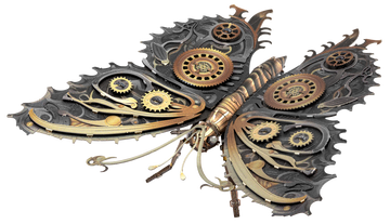 A beautifully crafted Metal Earth Steampunk Butterfly model, featuring intricate designs with gears and mechanisms. The butterfly showcases a blend of metallic colors including gold and silver, demonstrating a unique steampunk aesthetic. Perfect for DIY enthusiasts and collectors alike, this model comes as a DIY kit, allowing you to assemble your own artistic piece.