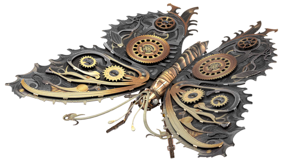 A beautifully crafted Metal Earth Steampunk Butterfly model, featuring intricate designs with gears and mechanisms. The butterfly showcases a blend of metallic colors including gold and silver, demonstrating a unique steampunk aesthetic. Perfect for DIY enthusiasts and collectors alike, this model comes as a DIY kit, allowing you to assemble your own artistic piece.