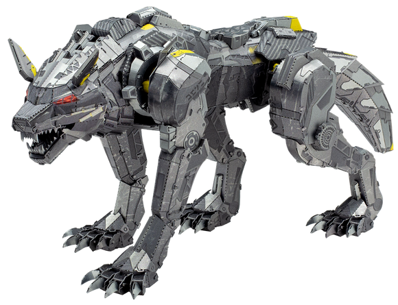 The Premium S: CYBER WOLF by Fascinations is a stunning DIY kit featuring a detailed metallic wolf model. It showcases intricate mechanical parts and a striking design with glowing red eyes, perfect for builders and collectors alike.