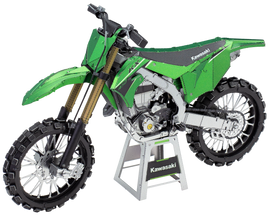 A detailed DIY kit model of the Kawasaki KX450 motorcycle, showcasing vibrant green bodywork, realistic bike components, and a sturdy stand. This intricate assembly kit is perfect for fans of motorcycles and mechanical puzzles, offering an engaging building experience.