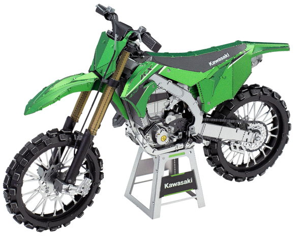 A detailed DIY kit model of the Kawasaki KX450 motorcycle, showcasing vibrant green bodywork, realistic bike components, and a sturdy stand. This intricate assembly kit is perfect for fans of motorcycles and mechanical puzzles, offering an engaging building experience.