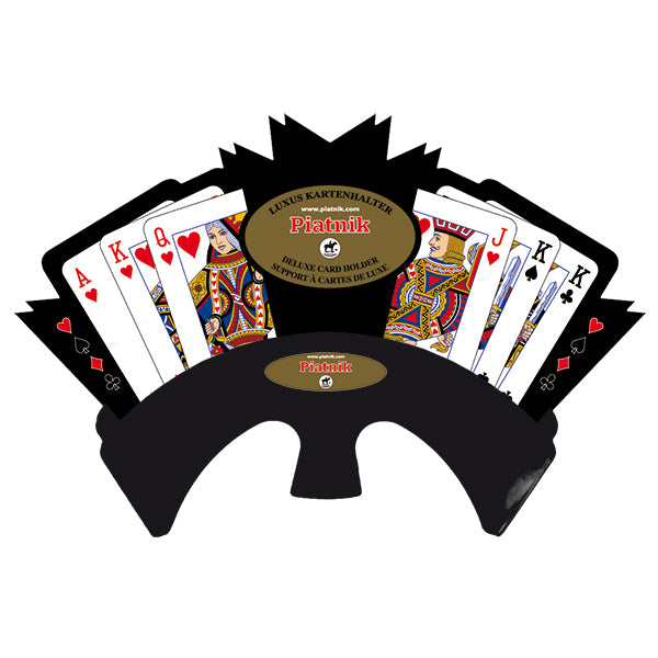 A deluxe card holder designed for playing cards, showcasing a variety of face cards like Kings, Queens, and Jacks. The holder features a stylish black design that fans the cards out for easy viewing, enhancing the gaming experience. The holder is branded with the name 'Piatnik' and is perfect for organizing cards during gameplay.