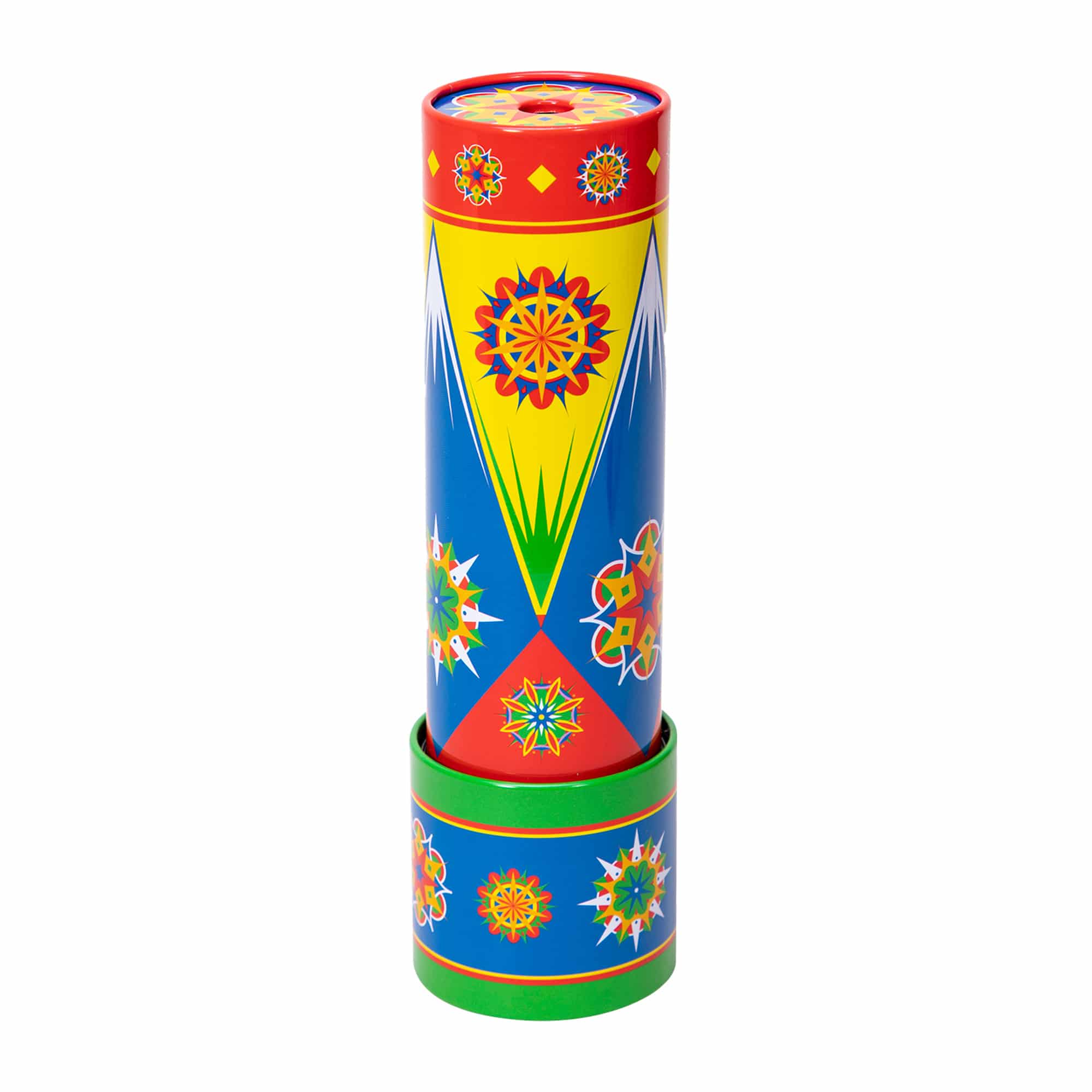 Colorful Classic Tin Kaleidoscope from Schylling, featuring vibrant designs in yellow, red, green, and blue. Ideal for creative play and visual exploration.