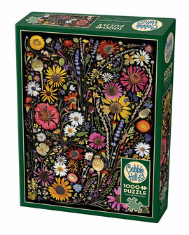 Cobble Hill jigsaw puzzle titled 'Flower Press: Happiness' featuring an intricate design of colorful flowers and greenery on a dark background. The box contains 1000 pieces and includes a poster for reference. Perfect for puzzle enthusiasts who love floral themes.