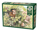 Cobble Hill's Hidden Nest jigsaw puzzle featuring a serene scene of a bird's nest surrounded by lush greenery. The artwork includes various birds and vibrant foliage, creating an intricate and captivating image for nature lovers. The puzzle contains 1000 pieces and includes a poster for reference.