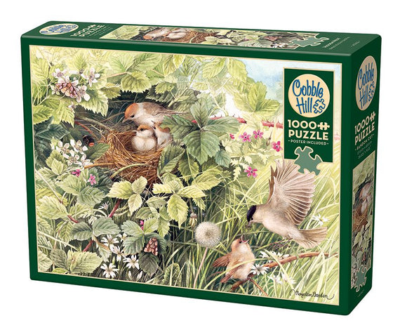 Cobble Hill's Hidden Nest jigsaw puzzle featuring a serene scene of a bird's nest surrounded by lush greenery. The artwork includes various birds and vibrant foliage, creating an intricate and captivating image for nature lovers. The puzzle contains 1000 pieces and includes a poster for reference.
