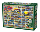 The Vintage American Postcards jigsaw puzzle by Cobble Hill features a colorful collage of postcards from various states across the United States. The puzzle includes images showcasing landmarks and greetings depicting iconic elements from states like Ohio, New York, and California. This 1000-piece puzzle comes in an attractive box with vibrant graphics, perfect for puzzle enthusiasts and collectors.