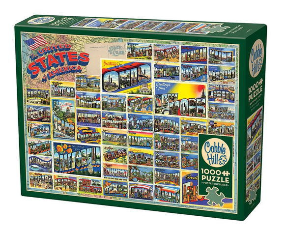 The Vintage American Postcards jigsaw puzzle by Cobble Hill features a colorful collage of postcards from various states across the United States. The puzzle includes images showcasing landmarks and greetings depicting iconic elements from states like Ohio, New York, and California. This 1000-piece puzzle comes in an attractive box with vibrant graphics, perfect for puzzle enthusiasts and collectors.