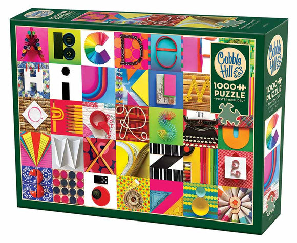 Cobble Hill Found Alphabet jigsaw puzzle featuring a vibrant collage of letters and colorful patterns. The puzzle contains 1000 pieces and includes a poster for reference. Ideal for enhancing spatial skills and providing hours of entertainment.