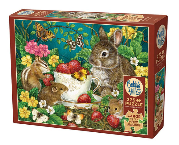 Cobble Hill Berry Sweet jigsaw puzzle featuring a vibrant scene with chipmunks and a bunny surrounded by strawberries, flowers, and butterflies. The puzzle includes 275 large pieces for easy handling and comes with a poster.