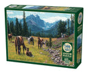 Cobble Hill jigsaw puzzle titled 'Horse Meadow'. The box features an idyllic landscape with horses grazing in a meadow surrounded by mountains and lush greenery. The puzzle contains 1000 pieces and includes a poster.