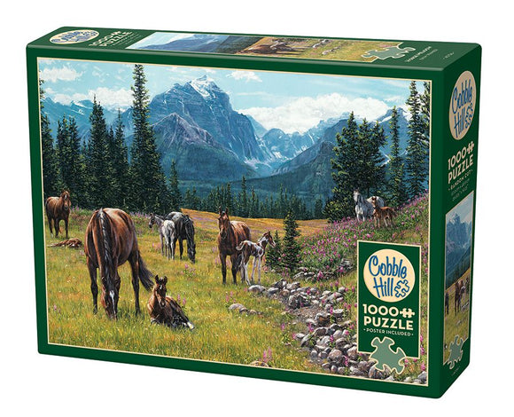 Cobble Hill jigsaw puzzle titled 'Horse Meadow'. The box features an idyllic landscape with horses grazing in a meadow surrounded by mountains and lush greenery. The puzzle contains 1000 pieces and includes a poster.