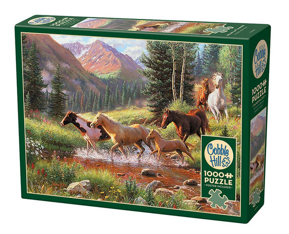 Cobble Hill 1000-piece jigsaw puzzle titled 'Mountain Thunder', featuring a vibrant scene of horses running through a lush forest with mountains in the background and a clear stream. The box displays colorful artwork that captures the beauty of nature and is perfect for puzzle enthusiasts.