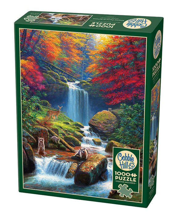 The Cobble Hill Mystic Falls in Autumn jigsaw puzzle features a vibrant autumn landscape with a waterfall, colorful foliage, and playful wildlife, including deer and raccoons. It is a 1000-piece puzzle that showcases nature’s beauty in a serene setting, perfect for puzzle enthusiasts and nature lovers.
