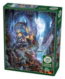 Dragonforge jigsaw puzzle by Cobble Hill featuring a fantastical scene with a majestic dragon set in a mystical cavern. The artwork showcases intricate details and vibrant colors, inviting an immersive and challenging puzzling experience for enthusiasts.