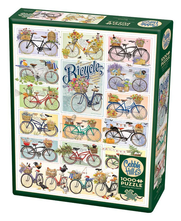 Cobble Hill 1000-piece jigsaw puzzle featuring a charming assortment of illustrated bicycles adorned with various decorations, including flowers and baskets. The puzzle box showcases vibrant designs in pastel colors, highlighting numerous bicycle styles arranged in a playful, engaging layout. Perfect for puzzle enthusiasts and lovers of whimsical artwork.